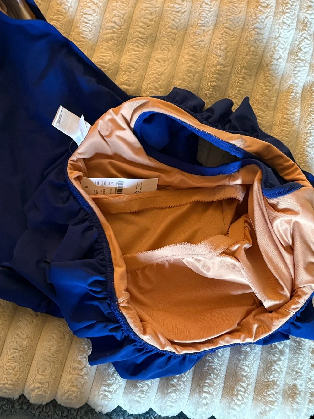 J CrewOne-Shoulder Ruffle Swimsuit in Deep Blue with Peach Lining size 10